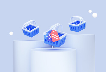 Empty shopping baskets with price tag. Sale and discount on purchases of goods. Banner template for presentation. Mockup for promotion. 3D Rendering