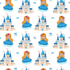 Seamless pattern with a cute little princess in a ball gown and a palace. Royal castle in a fun children's style. Vector illustration for print clothes, postcards, textiles. For little girls.