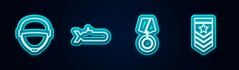 Set line Military helmet, Submarine, reward medal and Chevron. Glowing neon icon. Vector