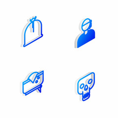 Set Isometric line Sailor captain, Pirate sack, hat and Skull icon. Vector