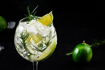 Gin tonic alcoholic cocktail drink with dry gin, rosemary, tonic, lime and ice cubes in wine glass....