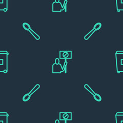 Set line Nature saving protest, Disposable plastic spoon and Trash can on seamless pattern. Vector