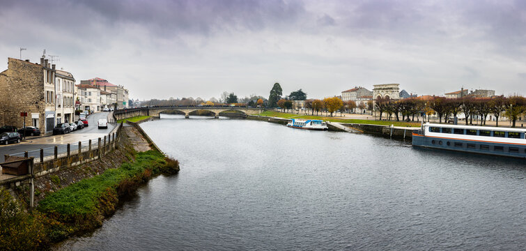 The ancient city of Sainte on the Charente river, in the province of Charente-Maritime in New Aquitaine in France. Santiago de Compostela route.