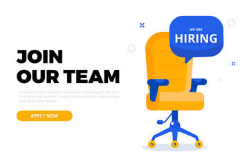 Hiring in flat style on white background. Vacancy banner with office chair. Career opportunity illustration. Job interview concept.