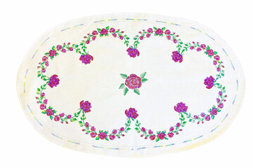 White linen tablecloth with flower embroidery, handmade.