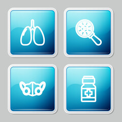 Set line Lungs, Virus under magnifying glass, Medical protective mask and Medicine bottle and pills icon. Vector