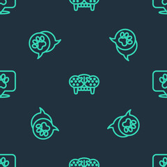 Set line Cat tooth, Paw print and Location veterinary hospital on seamless pattern. Vector