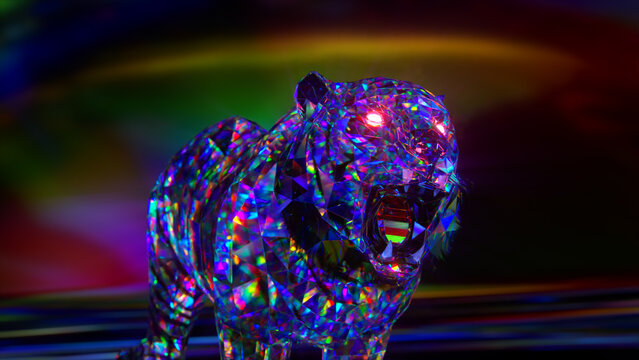 Snarling diamond tiger. Nature and animals concept. Lowpoly. Blue neon color. Symbol of 2022. 3d Illustration - Powered by Adobe