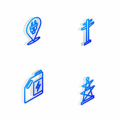 Set Isometric line Electric tower, plug, Eco fuel canister and icon. Vector