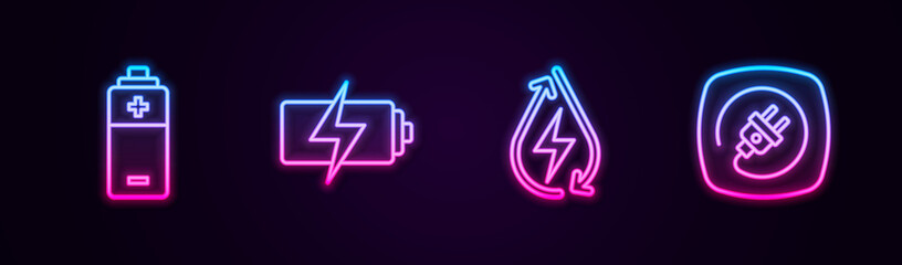 Set line Battery, , Water energy and Electric plug. Glowing neon icon. Vector