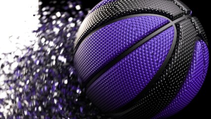 Black-Purple Basketball with Rotation Particles under spot lighting background. 3D illustration. 3D high quality rendering. 