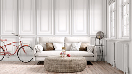 Beautiful interior of a modern room. Bright and clean design. A sofa standing by a large window against a wall background. 3D rendering