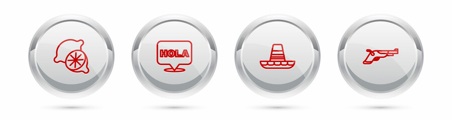 Set line Lime, Hola, Mexican sombrero and Vintage pistols. Silver circle button. Vector © vector_v