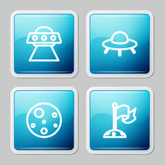 Set line UFO flying spaceship, , Planet Mars and Moon with flag icon. Vector