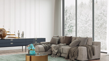 Beautiful interior of a modern room. Bright and clean design. 3D rendering