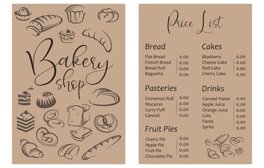Vector sticker banner poster business card pricelist for bakery shop fresh and tasty premium quality. Price list for shop