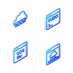 Set Isometric line Code terminal, Web development, Page with 404 error and Cloud technology data transfer icon. Vector