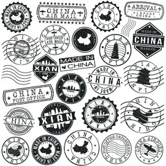 Xi'An, Shaanxi, China Set of Stamps. Travel Stamp. Made In Product. Design Seals Old Style Insignia.