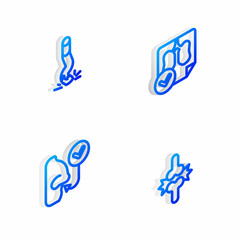 Set Isometric line Lungs x-ray diagnostics, Cigarette butt, Healthy breathing and Joint pain, knee pain icon. Vector