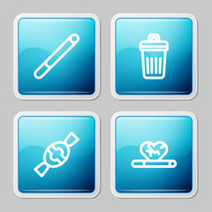 Set line Cigarette, Trash can, Candy and Heart disease with smoking icon. Vector