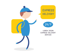 Man courier with express delivery service yellow food box bag backpack or parcel running isolated cartoon vector illustration flat design