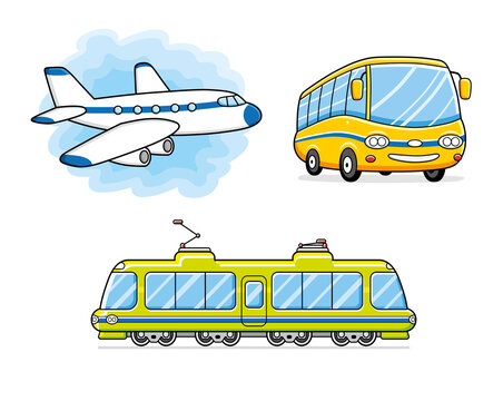 Bus, jet airplane and train isolated cartoon vector icons, passenger transport set. 