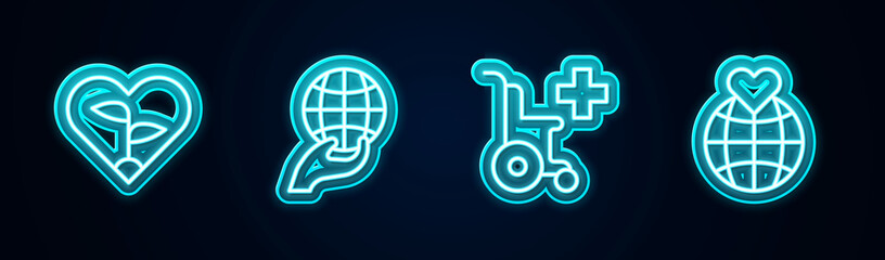 Set line Leaf in heart, Hand holding Earth globe, Wheelchair for disabled person and . Glowing neon icon. Vector