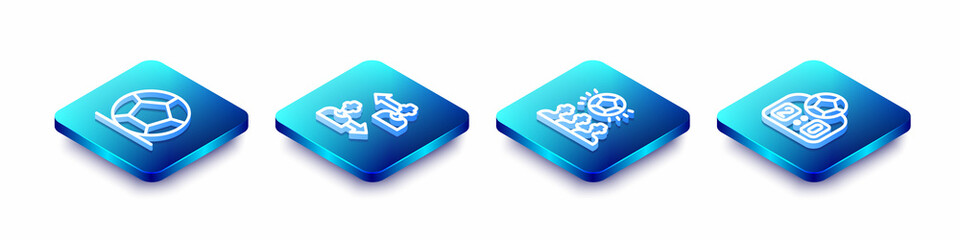 Set Isometric line Soccer football ball, Substitution player, and Sport mechanical scoreboard icon. Vector