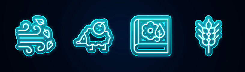 Set line Windy weather, Hedgehog, Herbarium and Wheat. Glowing neon icon. Vector