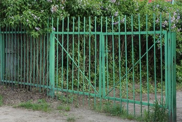 closed rural metal gate made of green iron bars and part of the fence in the vegetation on the street