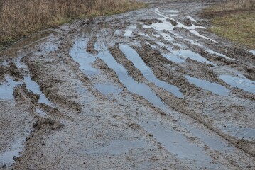 part of a rural road made of gray dirt and potholes with puddles of dirty water near dry grass on the street