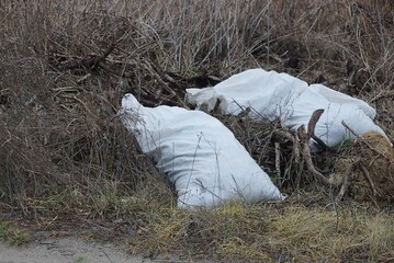 two large white bags of garbage lie in the gray dry grass in nature