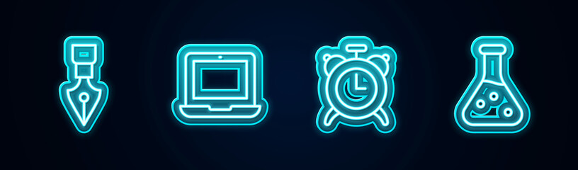 Set line Fountain pen nib, Laptop, Alarm clock and Test tube. Glowing neon icon. Vector