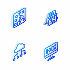 Set Isometric line Chat bot, Neural network, Network cloud connection and Algorithm icon. Vector