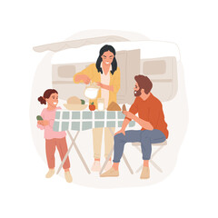 Camper travel abstract concept vector illustration. Family sitting at the folding table near the motorhome, eating lunch, parking in nature, travelling by camper van, holiday abstract metaphor.