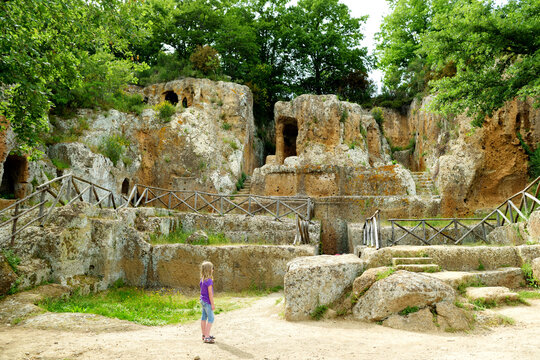 Remains of the tomb of Ildebranda in The Etruscan Necropolis of Sovana. Citta del Tufo archaeological park. Sorano, Sovana, Tuscany, Italy.