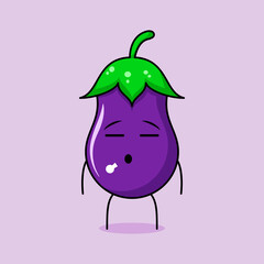 cute eggplant character with flat expression. green and purple. suitable for emoticon, logo, mascot