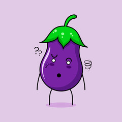 cute eggplant character with confused expression. green and purple. suitable for emoticon, logo, mascot