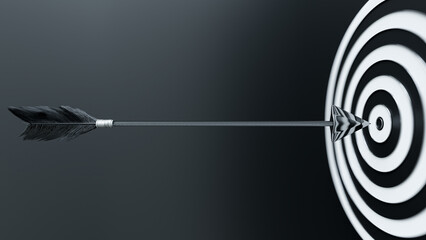 Arrow or dart are rushing to dartboard black and white. arrow selective focus. Aim or goal concept. 3D Render