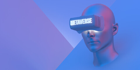 Metaverse Digital VR cyber technology concept: 3D render avatar with Virtual Reality headset connecting virtual space. AR augmented reality games, blockchain. Futuristic background with copy space. 
