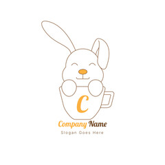 cute rabbit coffee cup logo design for cafe or cake shop with outline.vector illustration