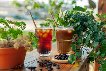 Ice tea and coffee on wooden table outdoors with garden backgound in sunny afternoon