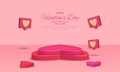 Valentine's day tiered heart shaped podium surrounded message love on pink 