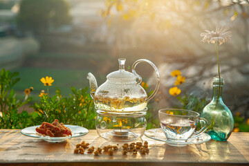 Chrysanthemum tea with hot steam and sweet potato jam on wooden table, in the backyard background...