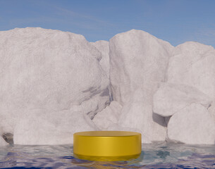White stone snowing scene with podium 3d rendering