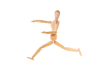 wooden man running arms outstretched isolated on white background