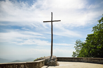 Big wooden cross on the square called Quadrante, at the Sanctuary of La Verna (Chiusi della Verna),...