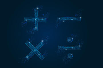 Abstract isolated blue image of a math signs. Polygonal illustration looks like stars in the blask night sky in spase or flying glass shards. Digital design for website, web, internet. © Katsiaryna