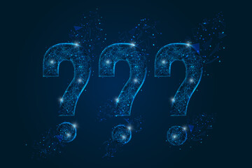 Abstract isolated blue image of a question sign. Polygonal illustration looks like stars in the blask night sky in spase or flying glass shards. Digital design for website, web, internet. © Katsiaryna