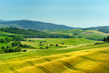 Stunning view of fields and farmlands with small villages on the horizon. Summer rural landscape of rolling hills, curved roads and cypresses of Tuscany, Italy.